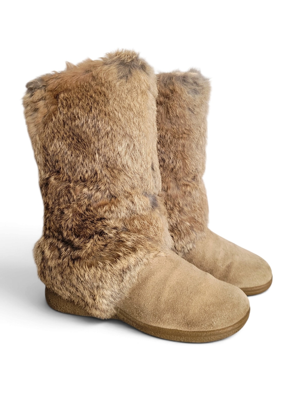 Vintage Rabbit Fur And Suede Mid-Calf Winter Boots Tan Size 8